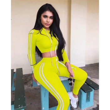Fitness Casual 2 Piece Set Tracksuit Women Side Striped Hoodies Cropped Tops and Pants Jogger Two Piece Outfits